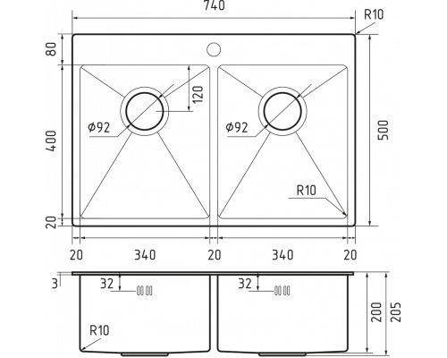Кухонная мойка Rivelato 7450 2В PVD черный