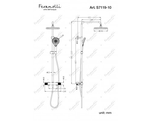 Термостатическая душевая система Feramolli Sole S7119- 10GL, золото шампань