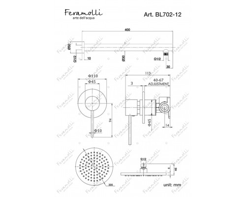 Комплект для душа Feramolli Ele BL 702-12 (30см.), черный