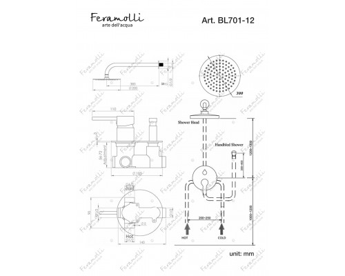 Душевой комплект Feramolli Ele BL701-12 (30см.), черный