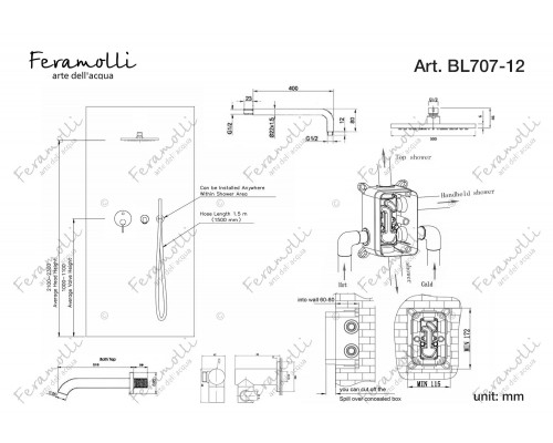 Душевой комплект Feramolli Ele 3in1 BL707-12 (30см.), черный