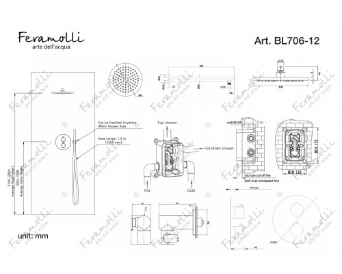 Термостатический комплект для душа Feramolli Termostato BL706-12 (30см.), черный
