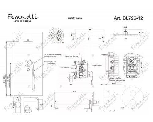 Термостатический комплект 3 в 1 для ванный и душа Feramolli Termostato BL726-12 (30см.), черный