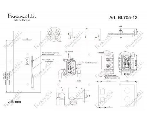 Термостатический комплект для душа Feramolli Termostato BL705-12 (30см.), черный