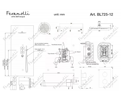 Душевой комплект с термостатом 3в1 Feramolli Termostato BL725-12 (30см.), черный