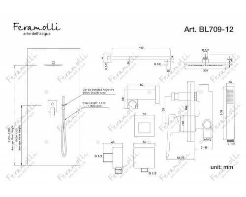 Душевой комплект Feramolli Pura BL709-12 (30см.), черный