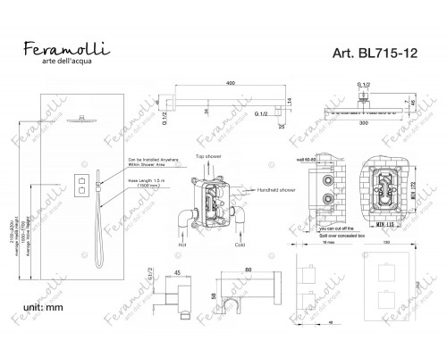 Душевой комплект с термостатом Feramolli Termostato BL715-12 (30см.), черный