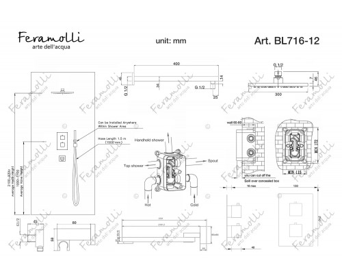 Душевой комплект с термостатом Feramolli Termostato BL716-12 (30см.), черный