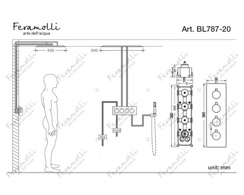 Душевой комплект с термостатом Feramolli Termostato BL787-20 (500мм.), черный