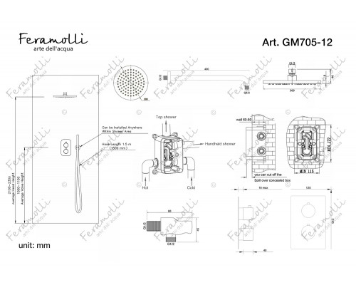 Термостатический комплект для душа Feramolli Termostato GM705-12 (30см.), графит