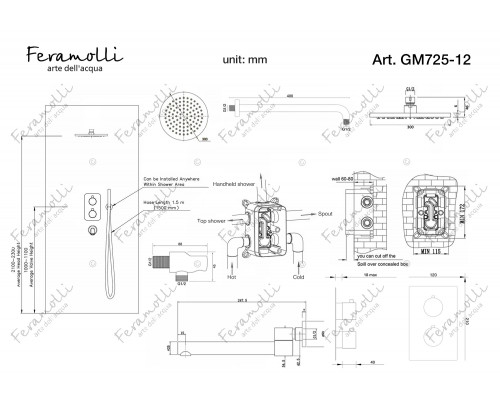 Термостатический комплект 3 в 1 для ванный и душа Feramolli Termostato GM725-12 (30см.), графит
