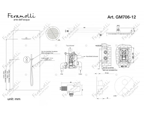 Термостатический комплект для душа Feramolli Termostato GM706-12 (30см.), графит