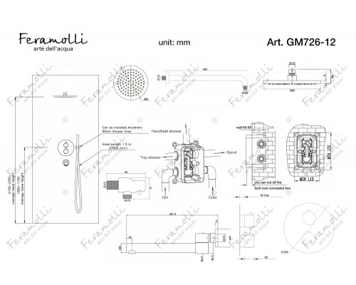 Термостатический комплект 3 в 1 для ванный и душа Feramolli Termostato GM726-12 (30см.), графит