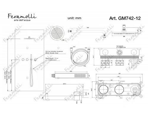 Встраиваемый комплект для ванны и душа 3 в 1 Feramolli Amos GM742-12 (30см.), графит