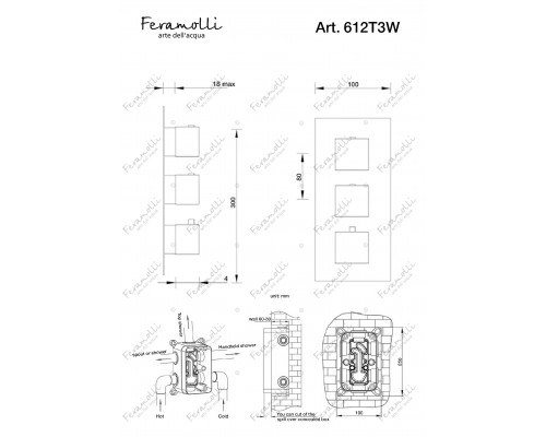 Термостатический смеситель скрытого монтажа на 3 потока Feramolli Termostato BL612T3W, черный