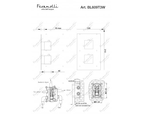Термостатический смеситель скрытого монтажа на 3 потока Feramolli Termostato BL609T3W, черный
