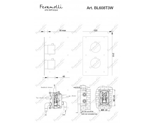 Термостатический смеситель скрытого монтажа на 3 потока Feramolli Termostato BL608T3W, черный