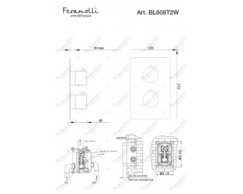 Термостатический смеситель скрытого монтажа на 2 потока Feramolli Termostato BL608T2W, черный