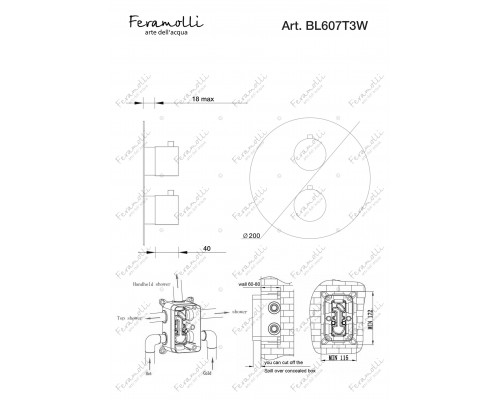 Термостатический смеситель скрытого монтажа на 3 потока Feramolli Termostato BL607T3W, черный