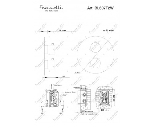 Термостатический смеситель скрытого монтажа на 2 потока Feramolli Termostato BL607T2W, черный