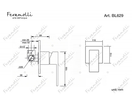 Смеситель однорычажный скрытого монтажа Feramolli Cubo BL629, черный