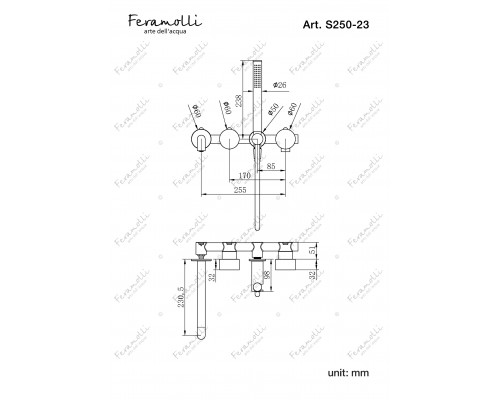 Встраиваемый смеситель для ванны и душа Feramolli Sole S250-23GL, золото шампань