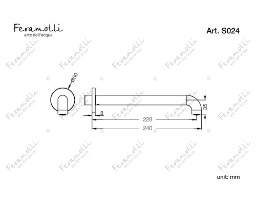 Настенный излив 240мм Feramolli Sole S024GL, золото шампань