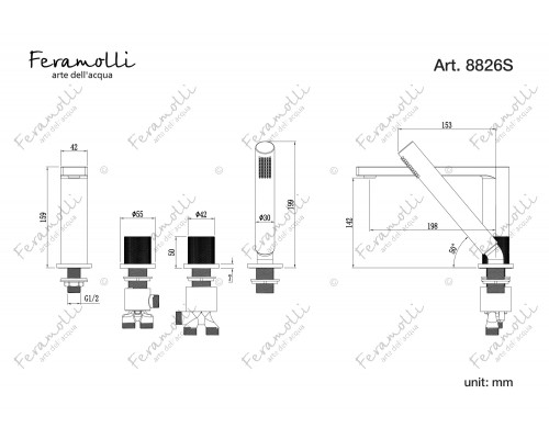 Смеситель на борт ванны Feramolli Dante ORS8826F, медь