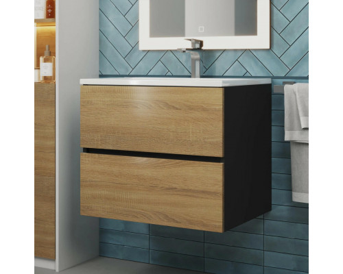 Тумба с раковиной для ванной Uperwood Barsa 60 см, раковина белая, подвесная тумба черная/дуб сонома