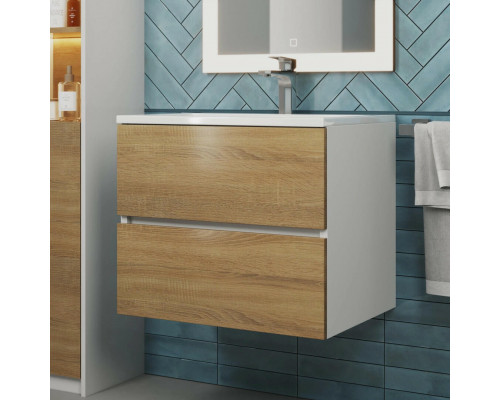 Тумба с раковиной для ванной Uperwood Barsa 60 см, раковина белая, подвесная тумба белая/дуб сонома