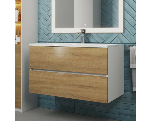 Тумба с раковиной для ванной Uperwood Barsa 90 см, раковина белая, подвесная тумба белая/дуб сонома