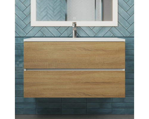 Тумба с раковиной для ванной Uperwood Barsa 90 см, раковина белая, подвесная тумба белая/дуб сонома