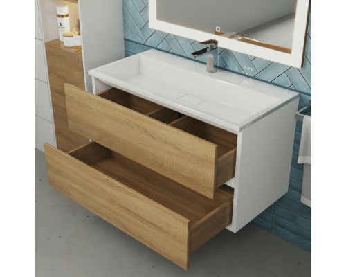 Тумба с раковиной для ванной Uperwood Barsa 90 см, раковина белая, подвесная тумба белая/дуб сонома