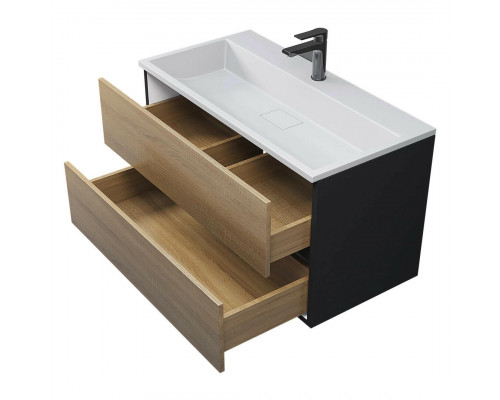 Тумба с раковиной для ванной Uperwood Barsa 90 см, раковина белая, подвесная тумба черная/дуб сонома