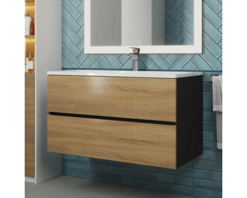 Тумба с раковиной для ванной Uperwood Barsa 90 см, раковина белая, подвесная тумба черная/дуб сонома