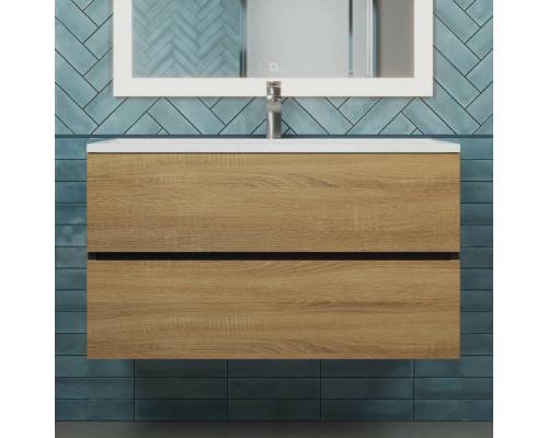 Тумба с раковиной для ванной Uperwood Barsa 90 см, раковина белая, подвесная тумба черная/дуб сонома