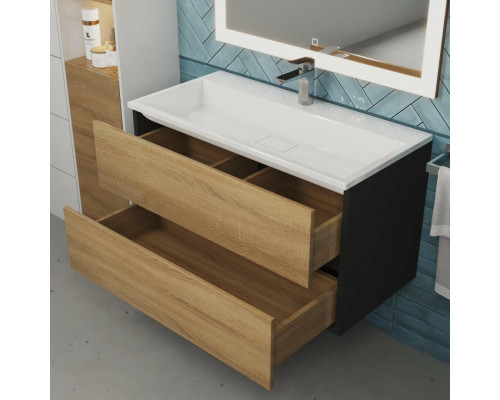 Тумба с раковиной для ванной Uperwood Barsa 90 см, раковина белая, подвесная тумба черная/дуб сонома