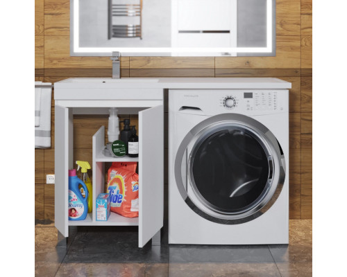 Тумба под стиральную машину с раковиной Uperwood Magenta 60/120 см, напольная, белая, с дверцами, левая