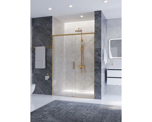 Душевая дверь CEZARES PLANE-BF-1-130-C-BORO, 130х195, профиль брашированное золото, стекло прозрачное