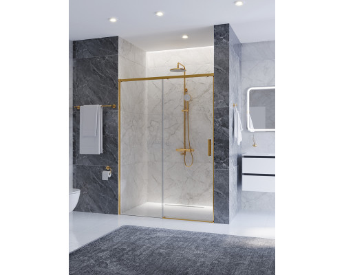 Душевая дверь CEZARES PLANE-BF-1-140-C-BORO, 140х195, профиль брашированное золото, стекло прозрачное