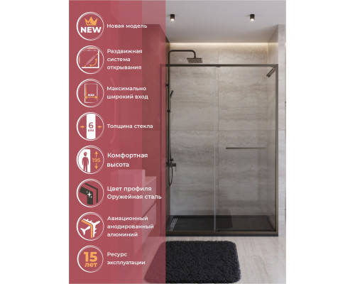 Душевая дверь CEZARES LUX-B-FS-11-140-C-GM, 140 см, профиль оружейная сталь, стекло прозрачное