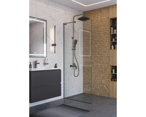 Душевая перегородка BelBagno UNO-L-1-TB-90-C-GM, 90 см, профиль оружейная сталь, стекло прозрачное