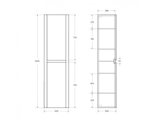 Шкаф подвесной с 2 дверцами  доводчиками, универсальный 400x300x1500 CEZARES RELAX-1500-2A-SO-RC-P