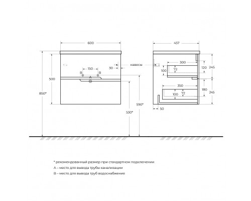 Мебель для ванной подвесная CEZARES DUET-N-600-2C-SO-BL Bianco Lucido эмаль