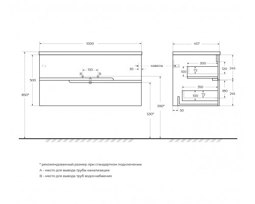 Мебель для ванной подвесная правосторонняя CEZARES DUET-N-1000-2C-SO-BL-R Bianco Lucido эмаль