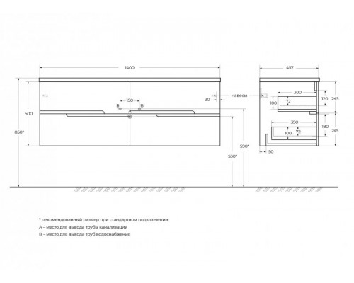 Мебель для ванной подвесная с четырьмя ящиками CEZARES DUET-N-1400-4C-SO-2-BL Bianco Lucido эмаль