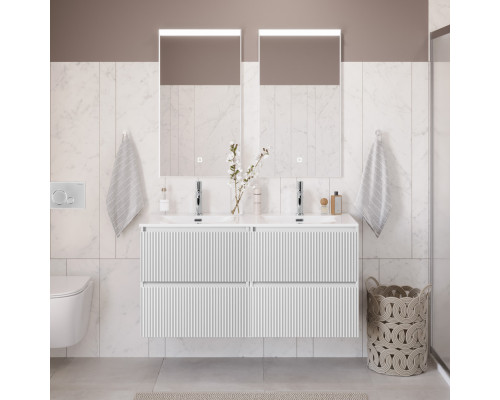 Тумба с раковиной подвесная 120 см, BelBagno UNO-1200-4C-SO-BO Bianco Opaco, раковина белая BB-8099-120-2 с 2-я чашами