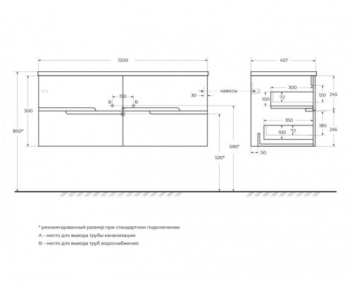 Мебель для ванной подвесная с четырьмя ящиками CEZARES DUET-N-1200-4C-SO-2-BL Bianco Lucido эмаль