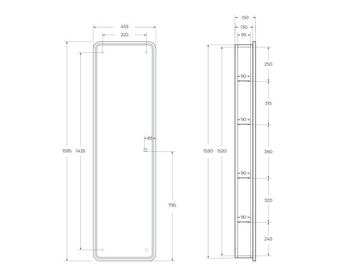 Зеркальный шкаф с одной распашной дверью, с четырьмя стеклянными полками, со встроенной подсветкой и сенсорным выключателем BelBagno SPC-MAR-450/1600-1A-LED-TCH