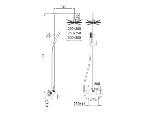Душевая колонна со смесителем, верхний душ из нержавеющей стали CEZARES PORTA-CD-NOP